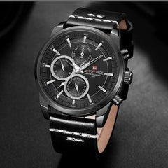 NAVIFORCE- Waterproof 24 hour Date Quartz Watch Leather Straps With Brand Box - NF9148 Black