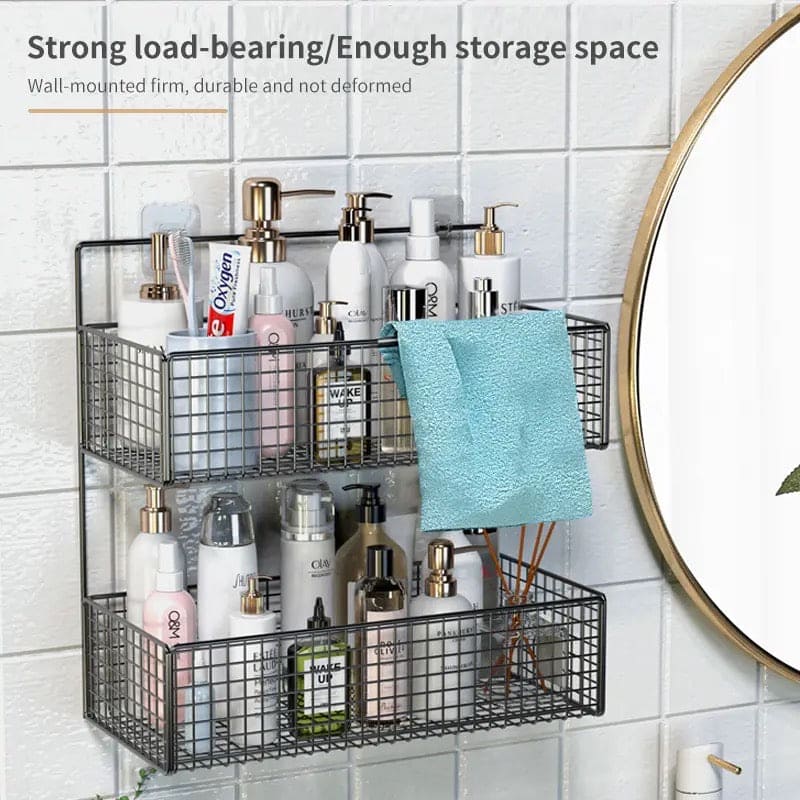 2 Layer Shelving Basket, Wall Mounted Bathroom Rack, Multifunctional Toiletries Organizer, Free Punch Condiment Storage Basket, Kitchen Wall-mounted Storage Basket