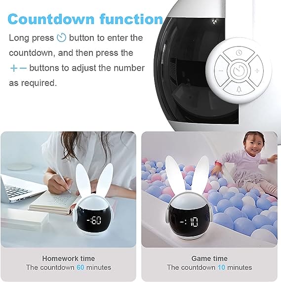 Bunny Alarm Clock, Rabbit Alarm Clock For Girls And Boys, Cute Alarm Clock With Ringtones, Rechargeable Snoozing Night Light Clock