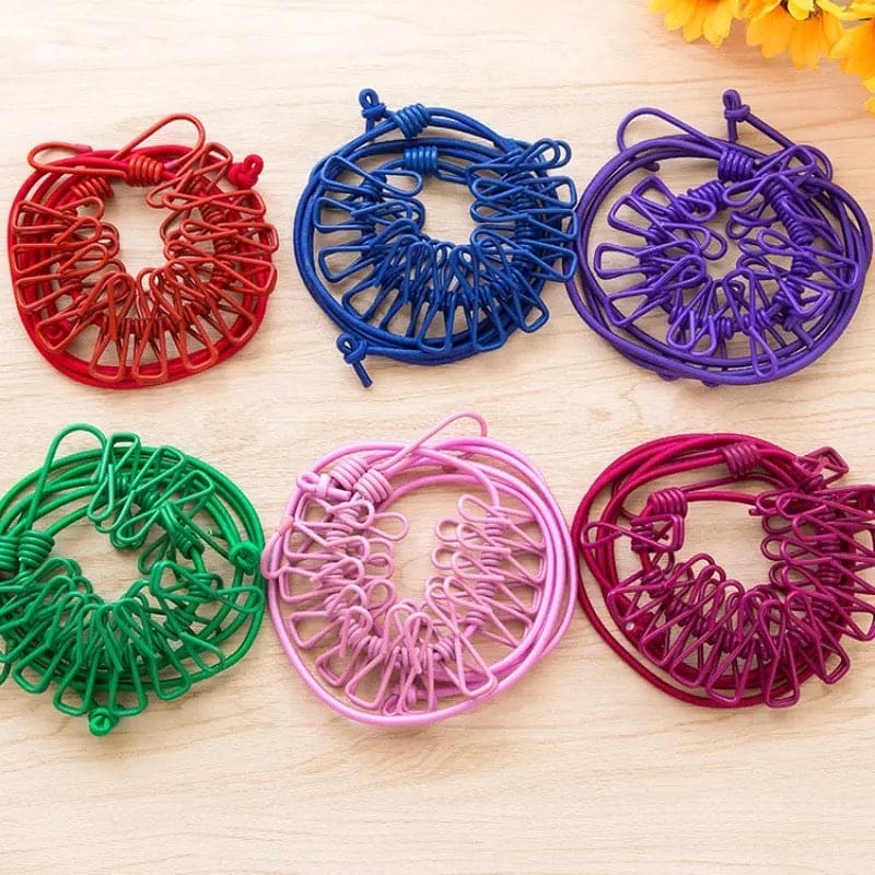 12 Clips Elastic Laundry Rope, Portable Multifunctional Drying Clips, Garden Windproof Clothesline With Clips, Portable Stretchable Line, Traveling Hanger Elastic Rope, Adjustable Laundry Clothesline, Windproof Stretch Drying Rack