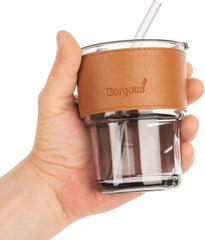 400ml Plastic Coffee Cup With Straw, Bamboo Shaped Glass Cup With Leather Cover, Double Wall Insulated Glass Cup