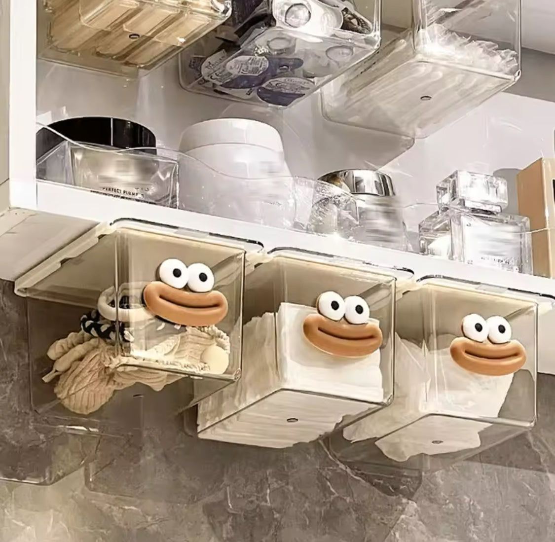Transparent Smiley Mini Drawer, Under Table Drawer Storage Box, Cosmetic Pull Out Shelf Storage Box, Under Cabinet Storage Drawer