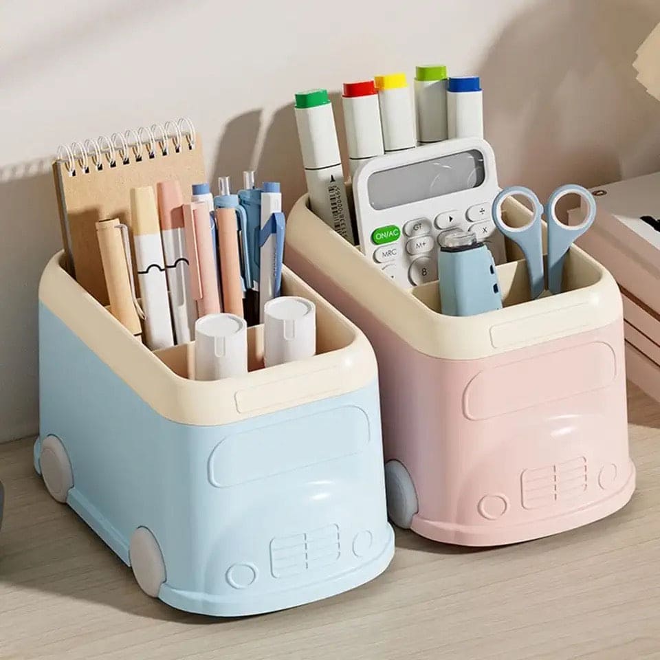 3 Compartment Van Desktop Organizer, Desk Organizer Storage Bucket, Cute Student Stationery Holder, Multifunctional Stationery Pencil Organizer, Large Capacity Desktop Storage Box, Cute Desktop Decoration Accessories