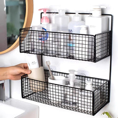 2 Layer Shelving Basket, Wall Mounted Bathroom Rack, Multifunctional Toiletries Organizer, Free Punch Condiment Storage Basket, Kitchen Wall-mounted Storage Basket