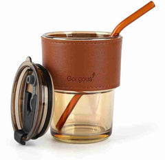 400ml Plastic Coffee Cup With Straw, Bamboo Shaped Glass Cup With Leather Cover, Double Wall Insulated Glass Cup