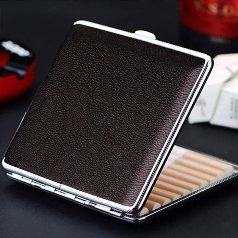 Slim Leather Cigarette Case, Double Open 20 Sticks Leather Cigarette Case, Metal Frame Black Faux Leather Cigarette Case, Men Cigarette Case Smoking Accessories, Creative Pocket Tobacco Holder, Pressure Proof Protective Cigarettes Case