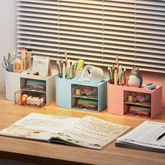 2 Drawers Simple Pen Holder, Multifunction Pencil Storage Box, Student Office Stationary Organizer, Transparent Drawer Storage Organizer, Large Capacity Sundries Storage Box, Countertop Transparent Cabinet Desk Organizer