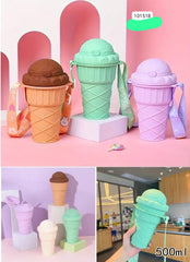 500ml Ice Cream Shape Water Bottles, Water Bottle with Straw, Cute Water Bottles with Adjustable Strap