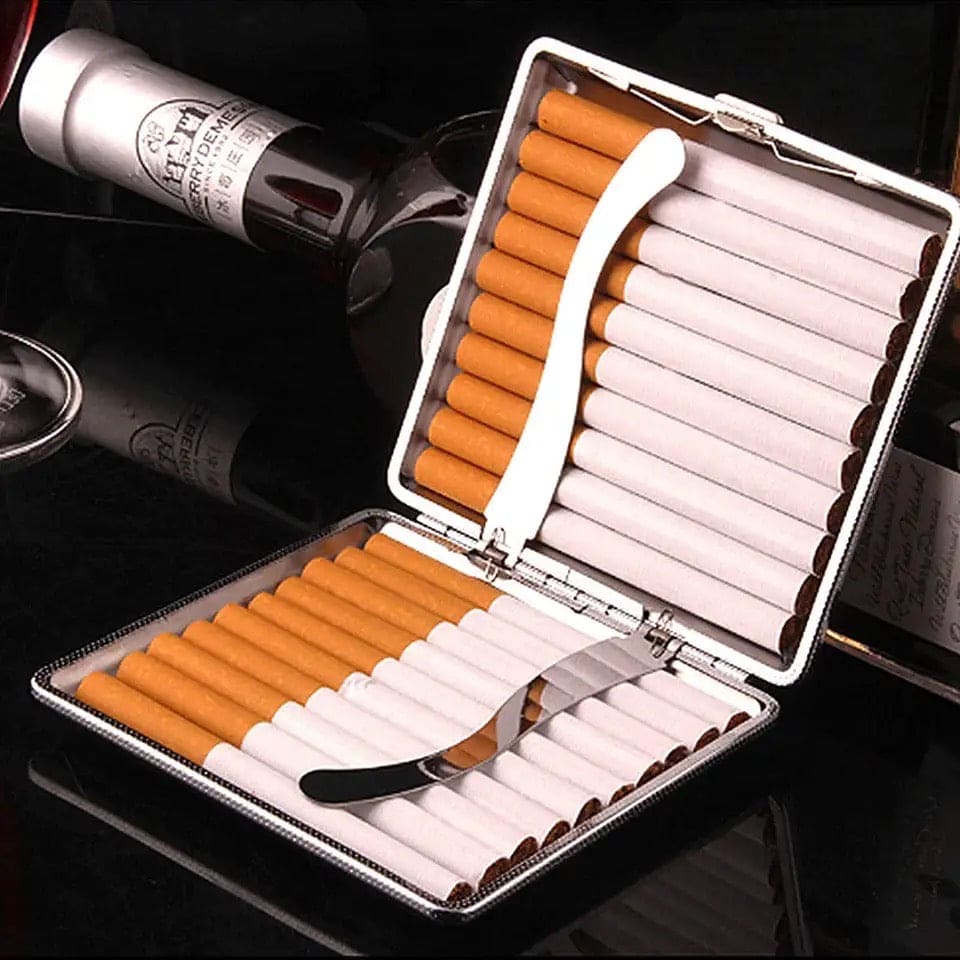 Slim Leather Cigarette Case, Double Open 20 Sticks Leather Cigarette Case, Metal Frame Black Faux Leather Cigarette Case, Men Cigarette Case Smoking Accessories, Creative Pocket Tobacco Holder, Pressure Proof Protective Cigarettes Case