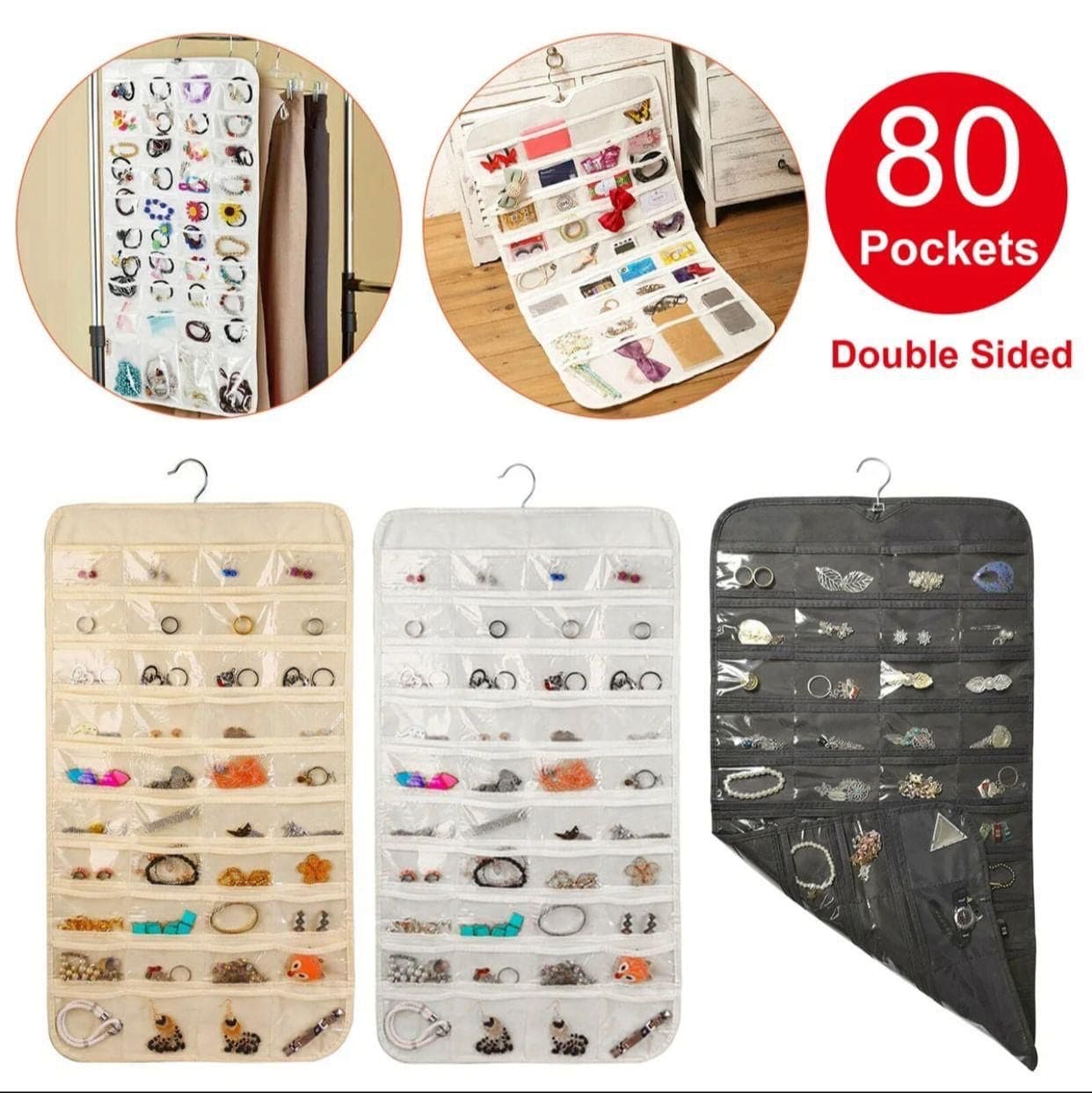 72 Pocket Hanging Organizer, Double Sided Hanging Display Storage Bag, Transparent Window Jewelry Bag, Dust-proof Foldable Bag, Multifunction Wardrobe Storage Holder Bag with Hook, Dual Sided Jewellery Carrier
