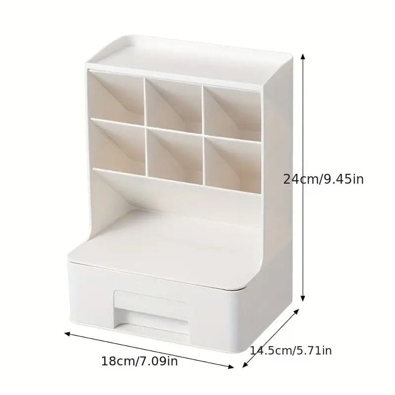 Slop Desktop Storage Box With Drawer, Classify Drawer Type Storage Box, 6 Compartment Multipurpose Organizer With Drawer, Rounded Corners Desk Stationary Organizer, Office School Inclines Desk Pen Organizer