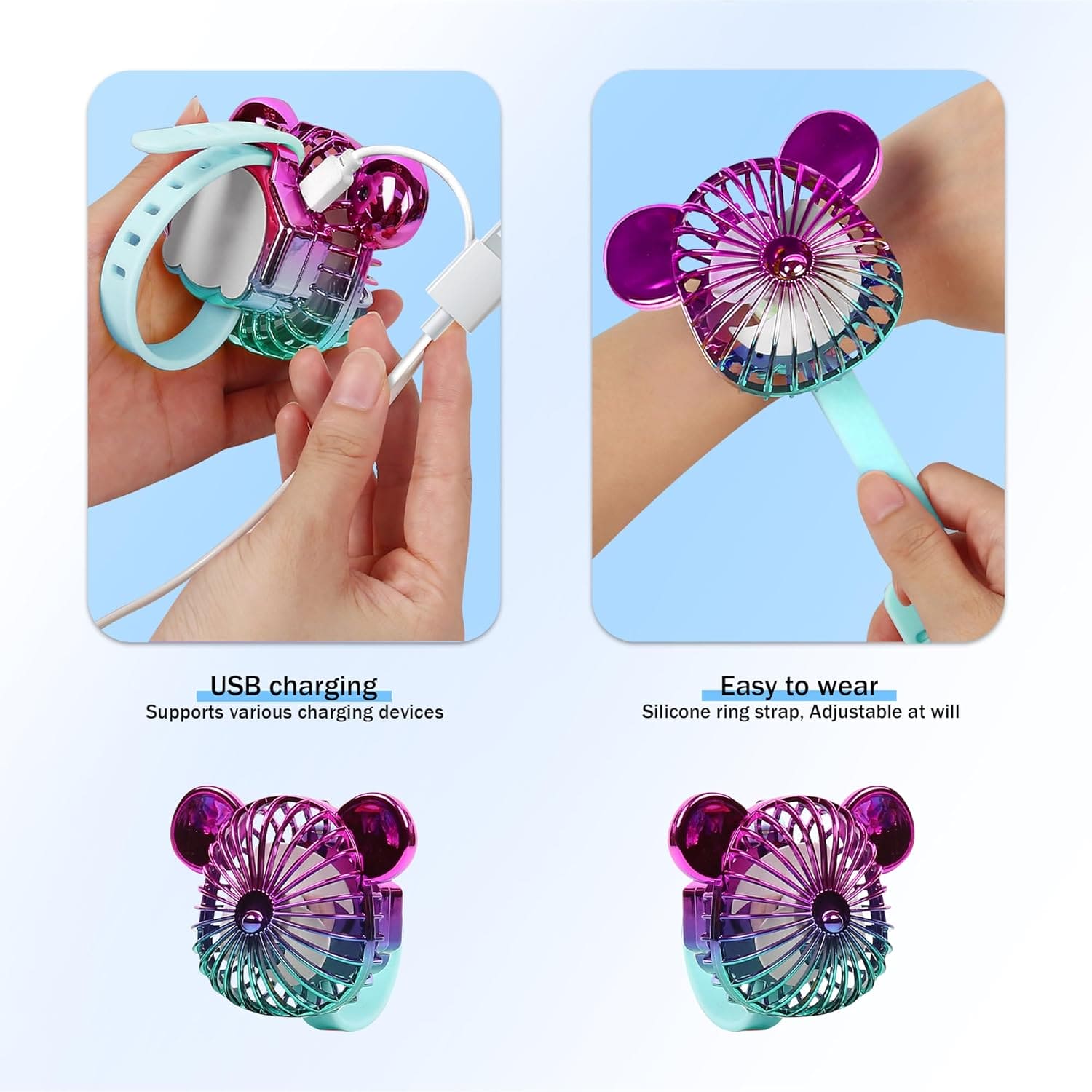 Bear Wrist Watch Fan, Summer Mini Fan, Rechargeable High Wind Power Fan, Mini Hand Held Cooling Fan, Mini Cartoon Wristband Fan, Children Travel Air Cooler, Cute Design Fan For Kids