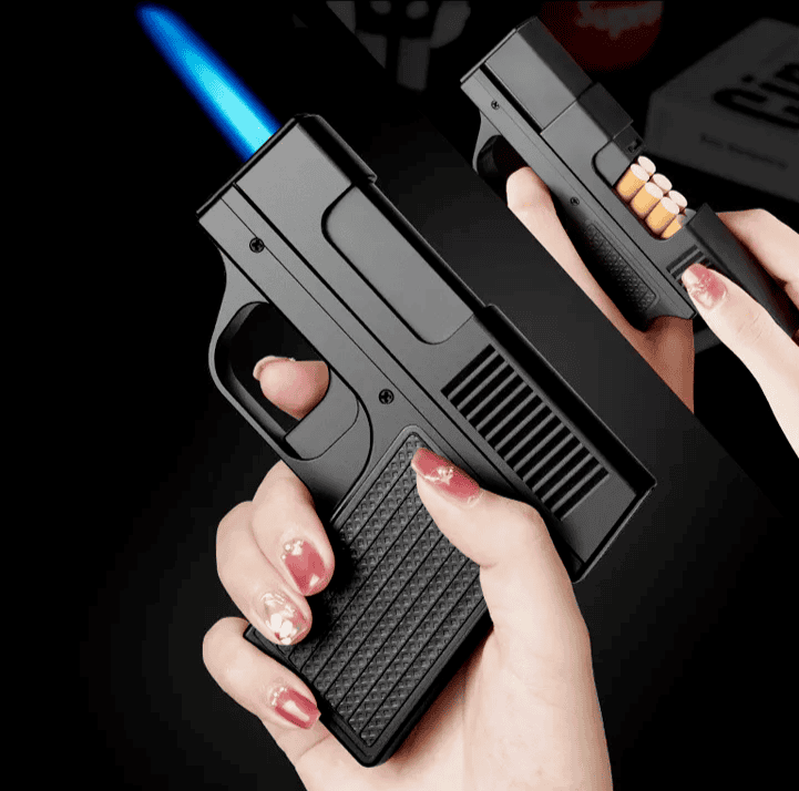 AMT Pistol Lighter, 10Pcs Regular Cigarette Case with Lighter, Metal Turbo Gun Lighter, Windproof Cigar Lighter, Inflatable Lighter With Cigarette Case, Cigarette Storage Jet Flame Lighter