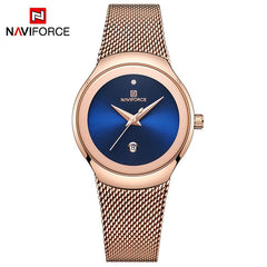 NAVIFORCE- NF5004 womens quartz watch max price Mesh band water resistant auto date Concise bracelet watch design Rose Gold Blue