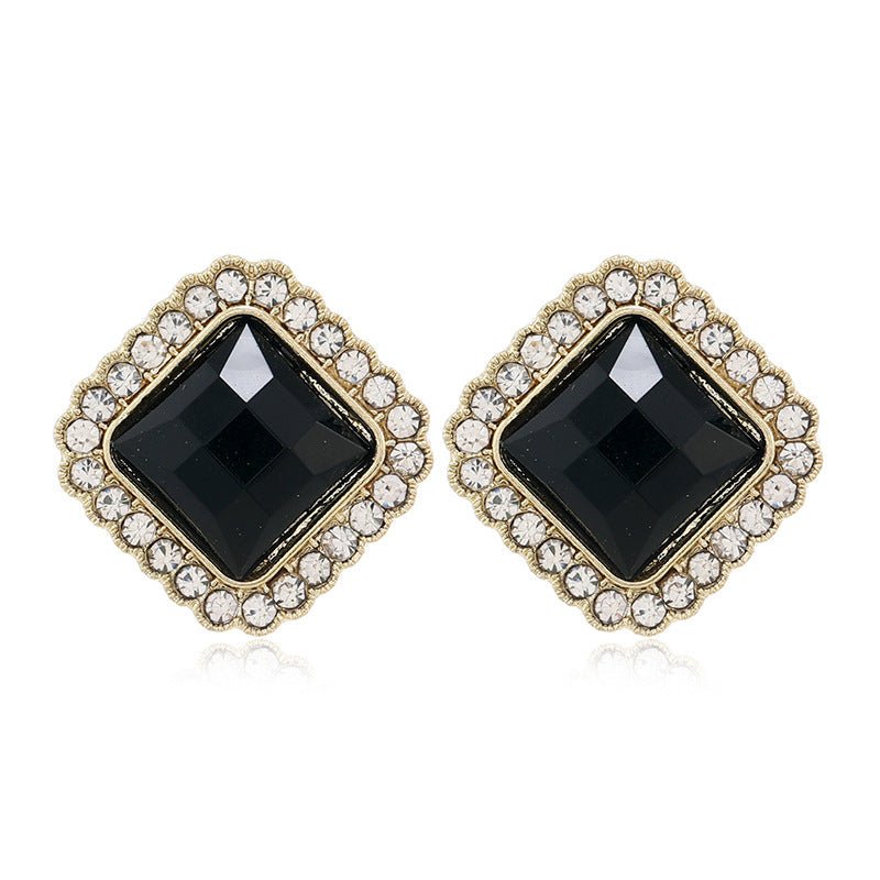 Shein- Fashion Female Crystal Black Square Stone Stud Earrings Jewelry Vintage Wedding For Women Gifts