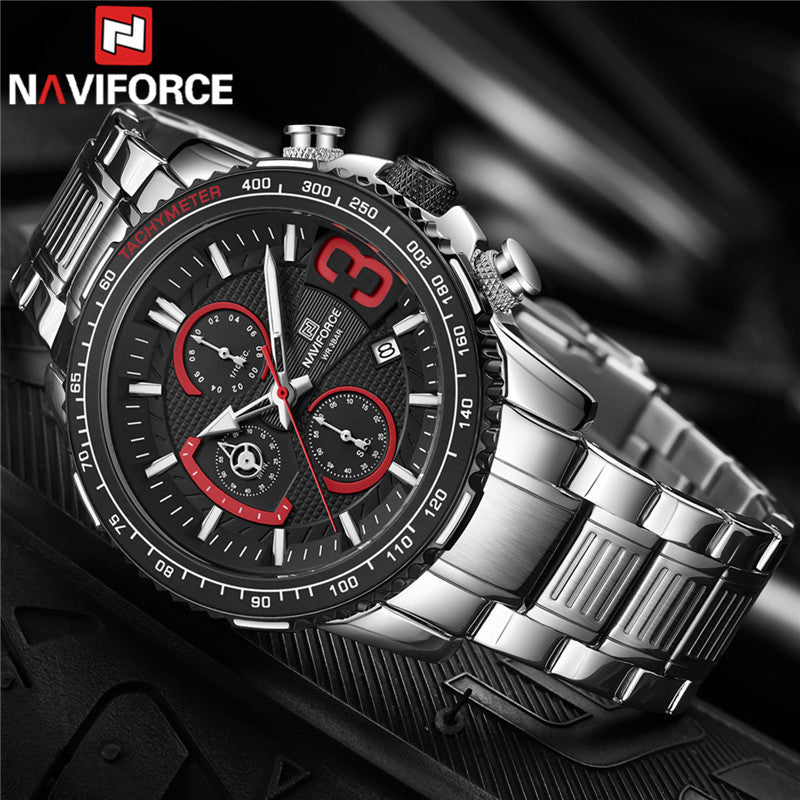 NAVIFORCE- NF8017 Mens Watch Business Casual Fashion Multifunction 30M Waterproof Silver Black Stainless Steel Watches for Men Quartz Watches