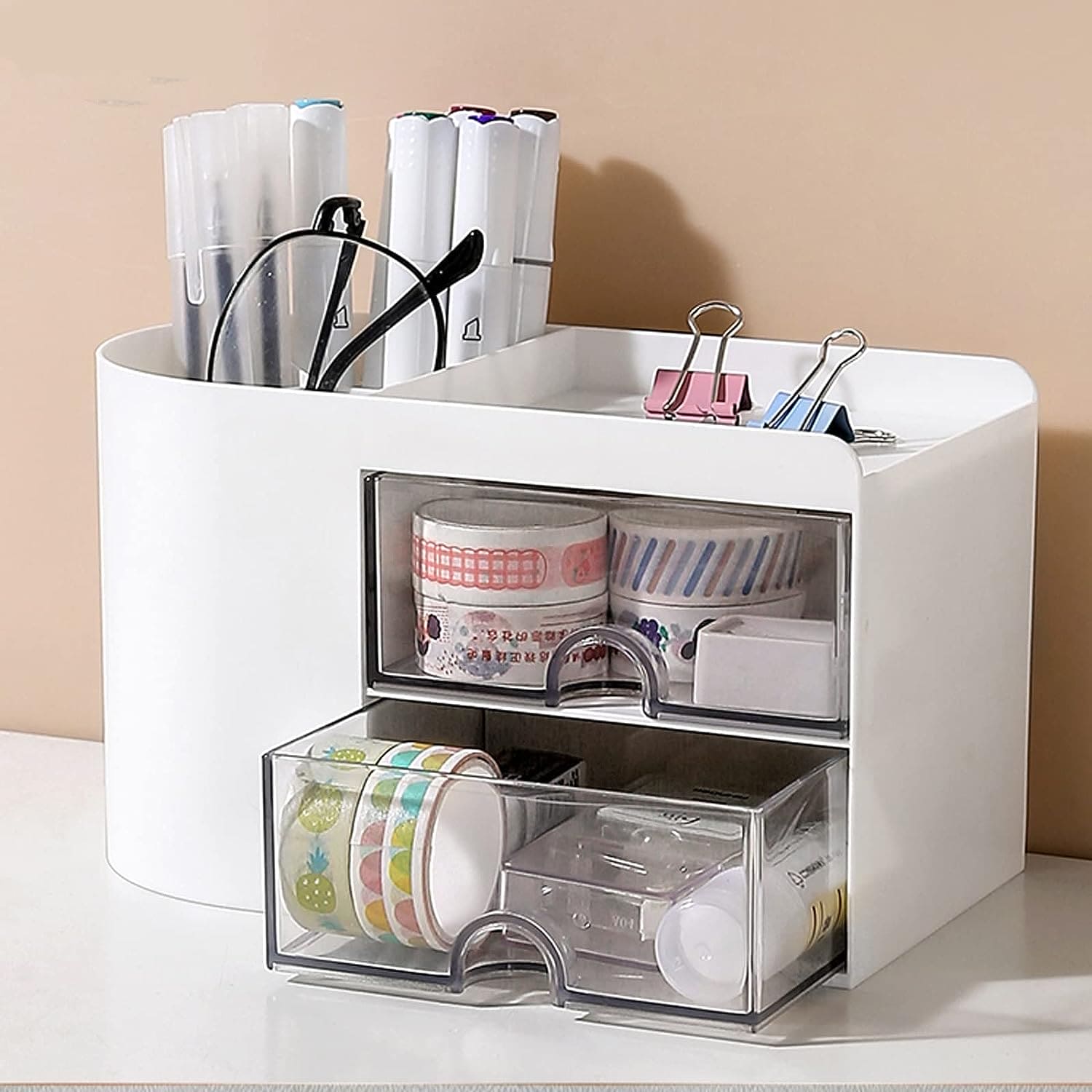 2 Drawers Simple Pen Holder, Multifunction Pencil Storage Box, Student Office Stationary Organizer, Transparent Drawer Storage Organizer, Large Capacity Sundries Storage Box, Countertop Transparent Cabinet Desk Organizer