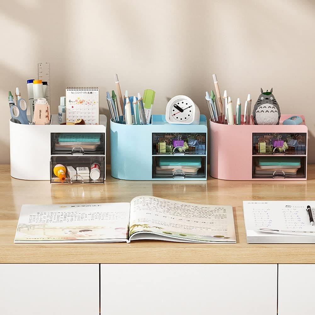 2 Drawers Simple Pen Holder, Multifunction Pencil Storage Box, Student Office Stationary Organizer, Transparent Drawer Storage Organizer, Large Capacity Sundries Storage Box, Countertop Transparent Cabinet Desk Organizer