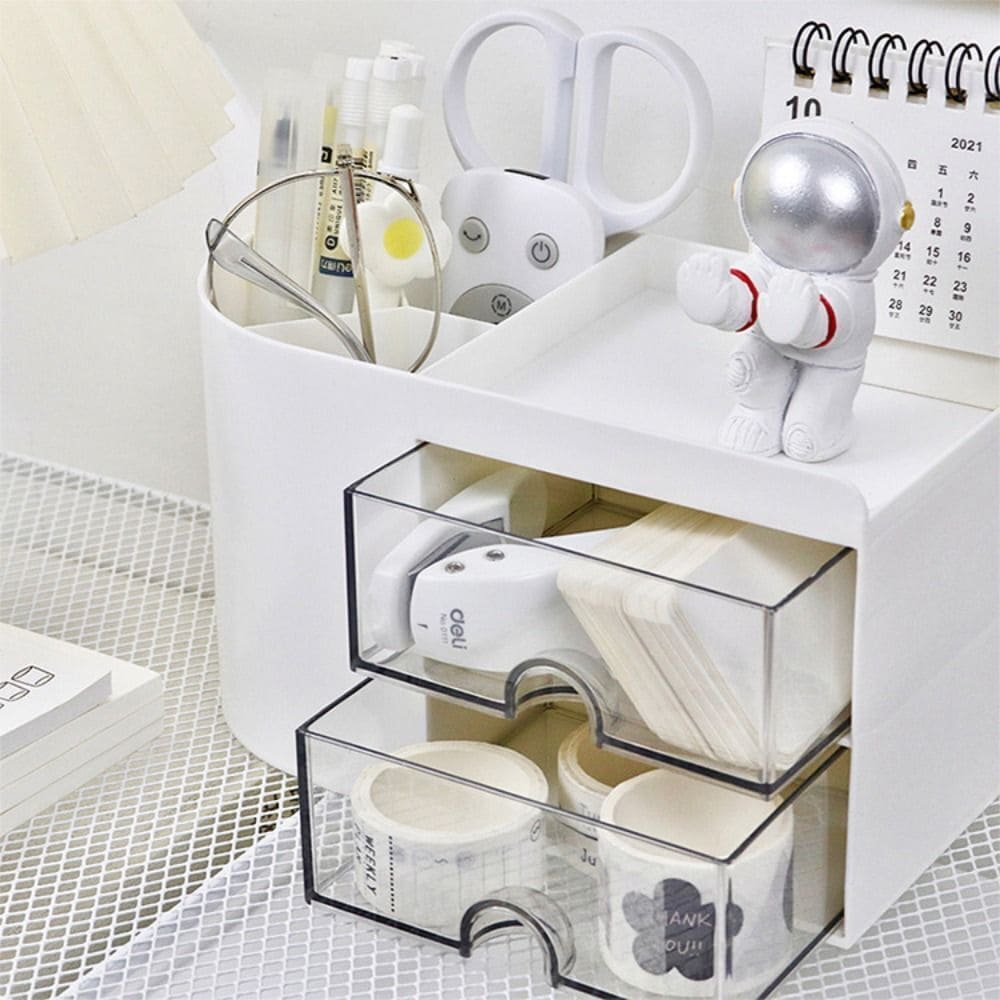 2 Drawers Simple Pen Holder, Multifunction Pencil Storage Box, Student Office Stationary Organizer, Transparent Drawer Storage Organizer, Large Capacity Sundries Storage Box, Countertop Transparent Cabinet Desk Organizer