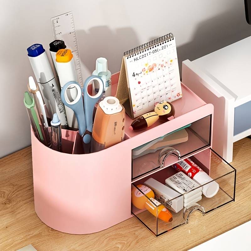 2 Drawers Simple Pen Holder, Multifunction Pencil Storage Box, Student Office Stationary Organizer, Transparent Drawer Storage Organizer, Large Capacity Sundries Storage Box, Countertop Transparent Cabinet Desk Organizer