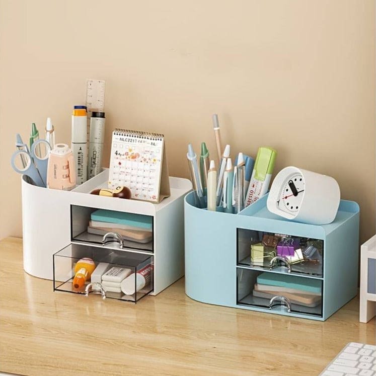 2 Drawers Simple Pen Holder, Multifunction Pencil Storage Box, Student Office Stationary Organizer, Transparent Drawer Storage Organizer, Large Capacity Sundries Storage Box, Countertop Transparent Cabinet Desk Organizer