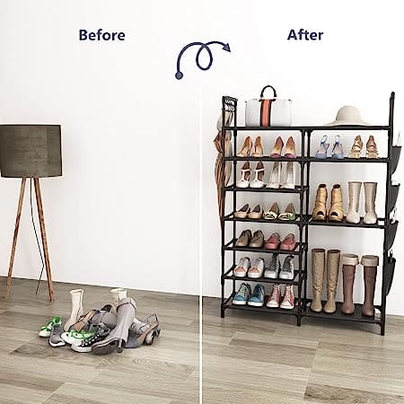 Multifunctional Storage Organizer, Standing Shoe Tower Racks, Cupboard Space Saving Shoe Stand, 7 Tier Shoe Rack for Entryway, Metal Shoe Organizer for Entryway Closet, Stackable Shoe Boots Storage Cabinet With Hooks