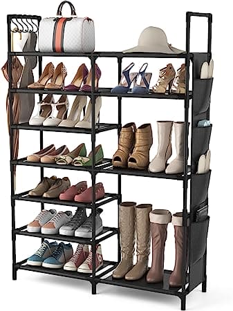 Multifunctional Storage Organizer, Standing Shoe Tower Racks, Cupboard Space Saving Shoe Stand, 7 Tier Shoe Rack for Entryway, Metal Shoe Organizer for Entryway Closet, Stackable Shoe Boots Storage Cabinet With Hooks