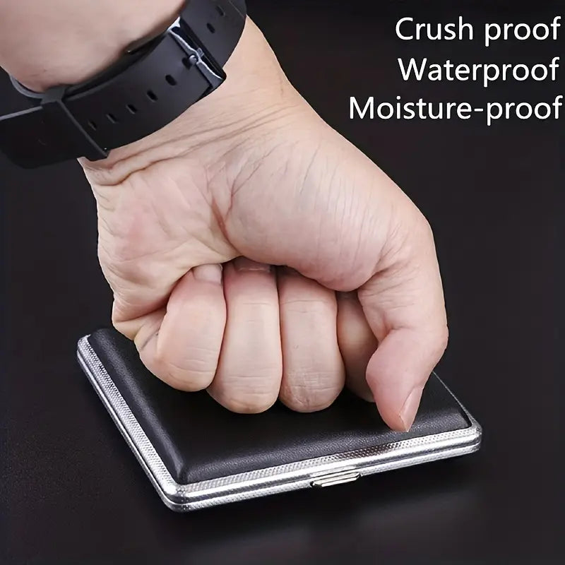 Slim Leather Cigarette Case, Double Open 20 Sticks Leather Cigarette Case, Metal Frame Black Faux Leather Cigarette Case, Men Cigarette Case Smoking Accessories, Creative Pocket Tobacco Holder, Pressure Proof Protective Cigarettes Case