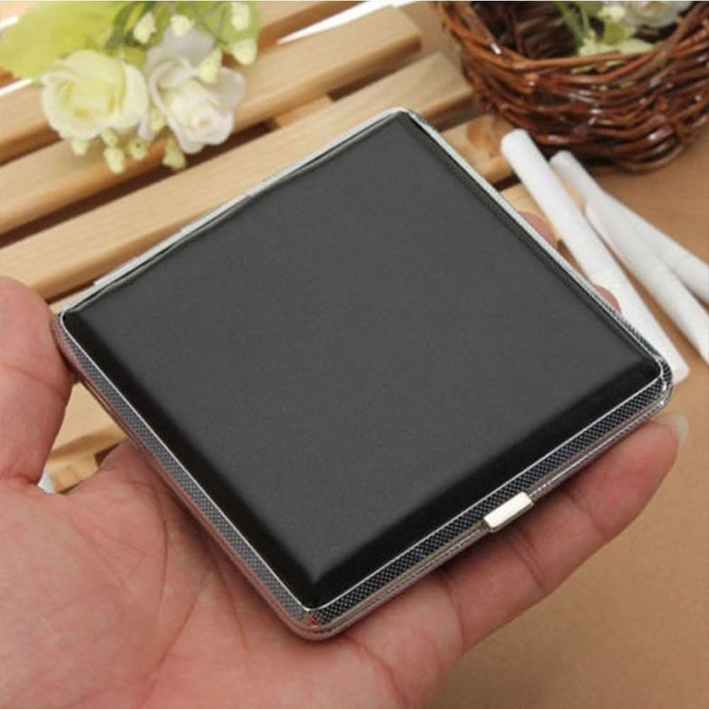 Slim Leather Cigarette Case, Double Open 20 Sticks Leather Cigarette Case, Metal Frame Black Faux Leather Cigarette Case, Men Cigarette Case Smoking Accessories, Creative Pocket Tobacco Holder, Pressure Proof Protective Cigarettes Case