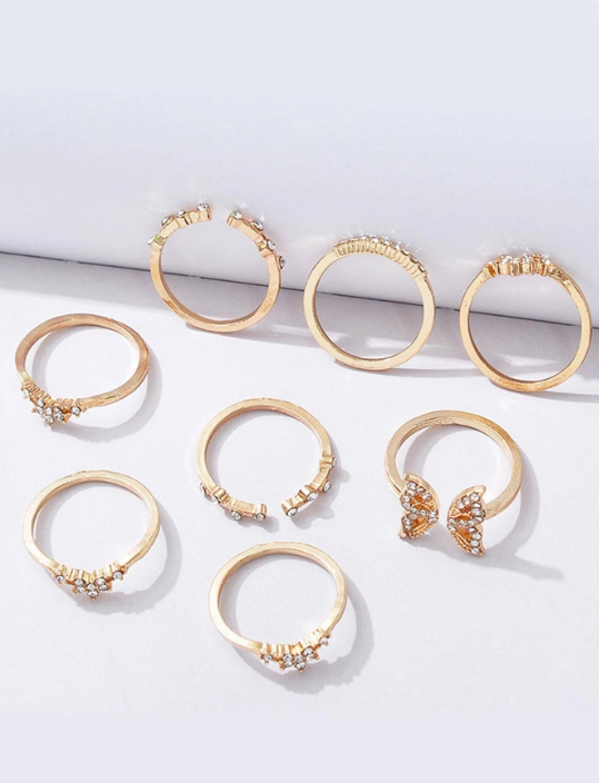 Shein 8pcs European And American Bohemian Style Inlaid Diamond Butterfly Ladies Ring Set Gift