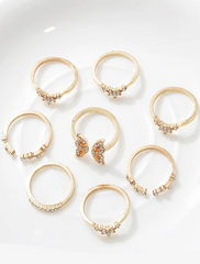 Shein 8pcs European And American Bohemian Style Inlaid Diamond Butterfly Ladies Ring Set Gift