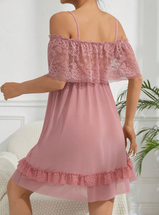 Shein - Women's Sexy Net Yarn Hollow Out Shoulder Nightgown