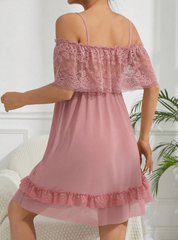 Shein - Women's Sexy Net Yarn Hollow Out Shoulder Nightgown