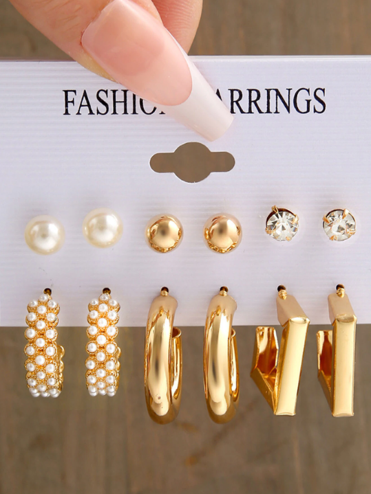 Shein - 12pairs/set Rhinestone & Faux Pearl Earrings Set