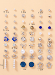 Shein - 30pairs/set Fashionable Rhinestone & Faux Pearl Decor Stud Earrings For Women For Friend's Gift