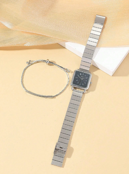 Shein - 1pc Women Silver Zinc Alloy Strap Fashionable Square Dial Quartz Watch & 1pc Bell Decor Chain Bracelet, For Daily Decoration
