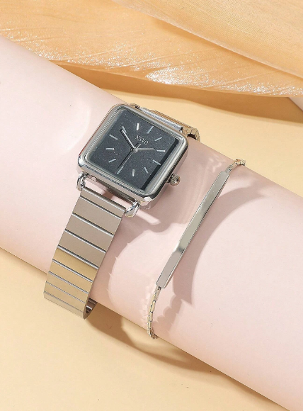 Shein - 1pc Women Silver Zinc Alloy Strap Fashionable Square Dial Quartz Watch & 1pc Bell Decor Chain Bracelet, For Daily Decoration