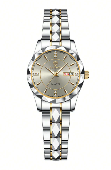 Shein - Luxury Women's Watch With Rhinestones, Quartz Movement, Waterproof, Stainless Steel Strap & Date Display