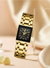 Shein - 1pc Men Women Gold Stainless Steel Strap Fashionable Square Dial Quartz Watch, For Daily Life