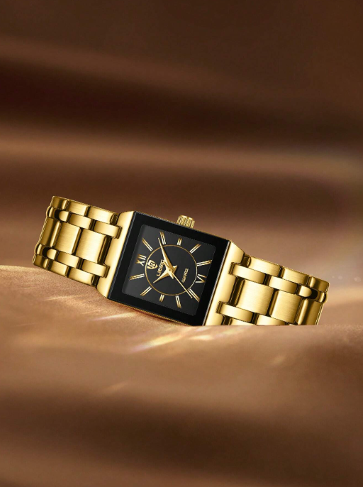 Shein - 1pc Men Women Gold Stainless Steel Strap Fashionable Square Dial Quartz Watch, For Daily Life