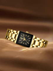 Shein - 1pc Men Women Gold Stainless Steel Strap Fashionable Square Dial Quartz Watch, For Daily Life