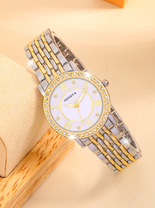 Shein - 1pc Women Zinc Alloy Strap Glamorous Rhinestone Decor Round Dial Quartz Watch & 5pcs Bracelet, For Daily Decoration