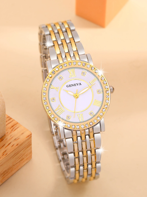Shein - 1pc Women Zinc Alloy Strap Glamorous Rhinestone Decor Round Dial Quartz Watch & 5pcs Bracelet, For Daily Decoration