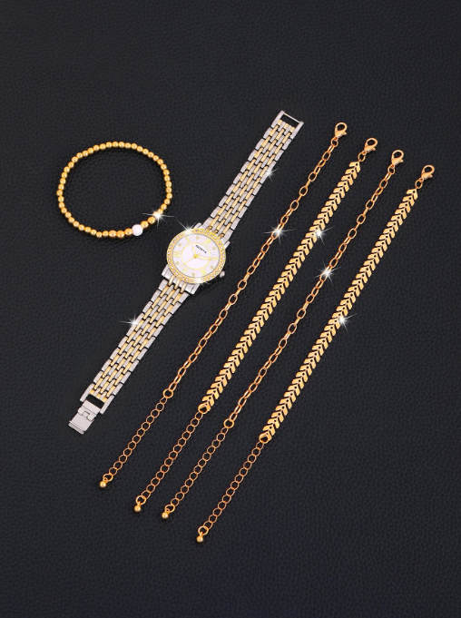 Shein - 1pc Women Zinc Alloy Strap Glamorous Rhinestone Decor Round Dial Quartz Watch & 5pcs Bracelet, For Daily Decoration