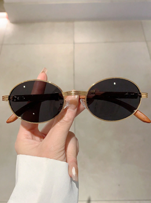Shein - New Retro Oval Frame Fashion Glasses With Trendy Wood-Look