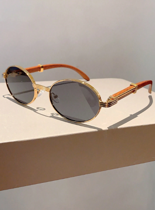 Shein - New Retro Oval Frame Fashion Glasses With Trendy Wood-Look