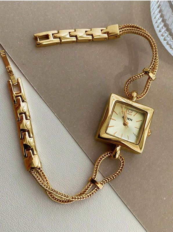 Shein - BIDEN 1pc Women's Retro Luxury Small Square Watch, Elegant Gold Quartz Watch
