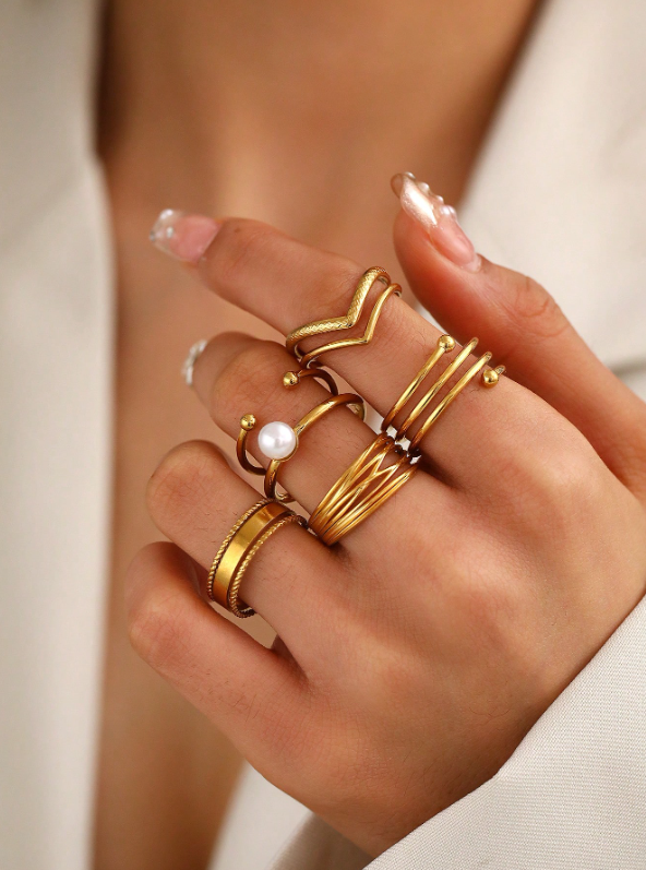 Shein - Aomogo European & American Vintage Creative Unique Stainless Steel Geometric Heart & Round Open Ring Set
