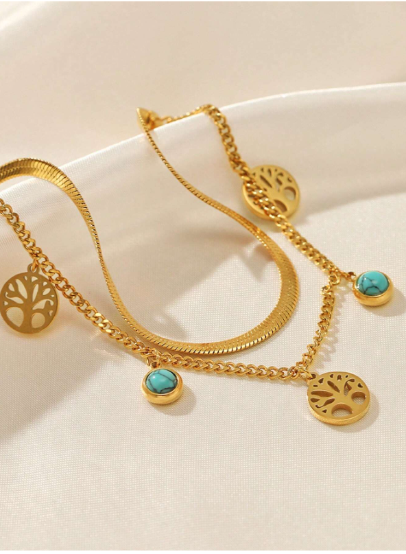 Shein - 1pc Fashion Stainless Steel Turquoise & Tree Charm Layered Bracelet