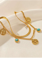 Shein - 1pc Fashion Stainless Steel Turquoise & Tree Charm Layered Bracelet